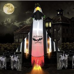 Halloween Inflatable Rocket Outdoor Decorations 8FT Blow Up Inflate Witch Ride Bloomsticks with LED Yard Decoration Lighted Inflatable Holiday Party I