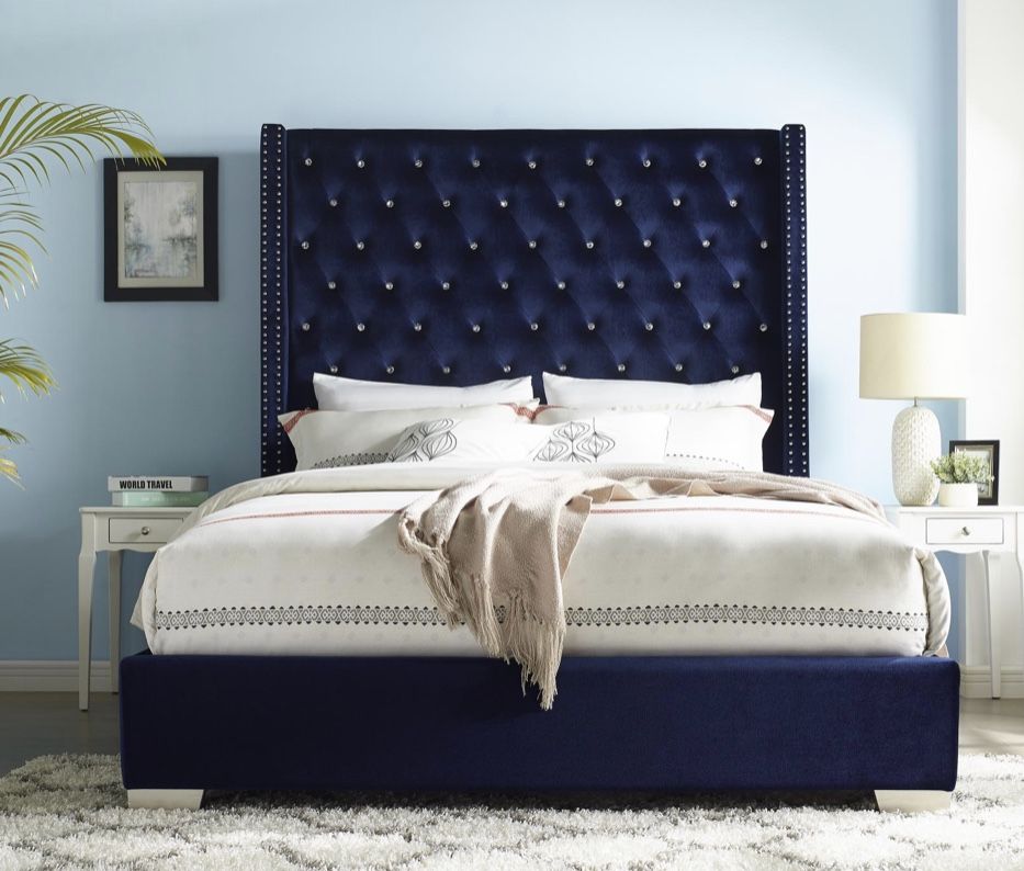New Queen Blue Velvet Bed 70” Headboard