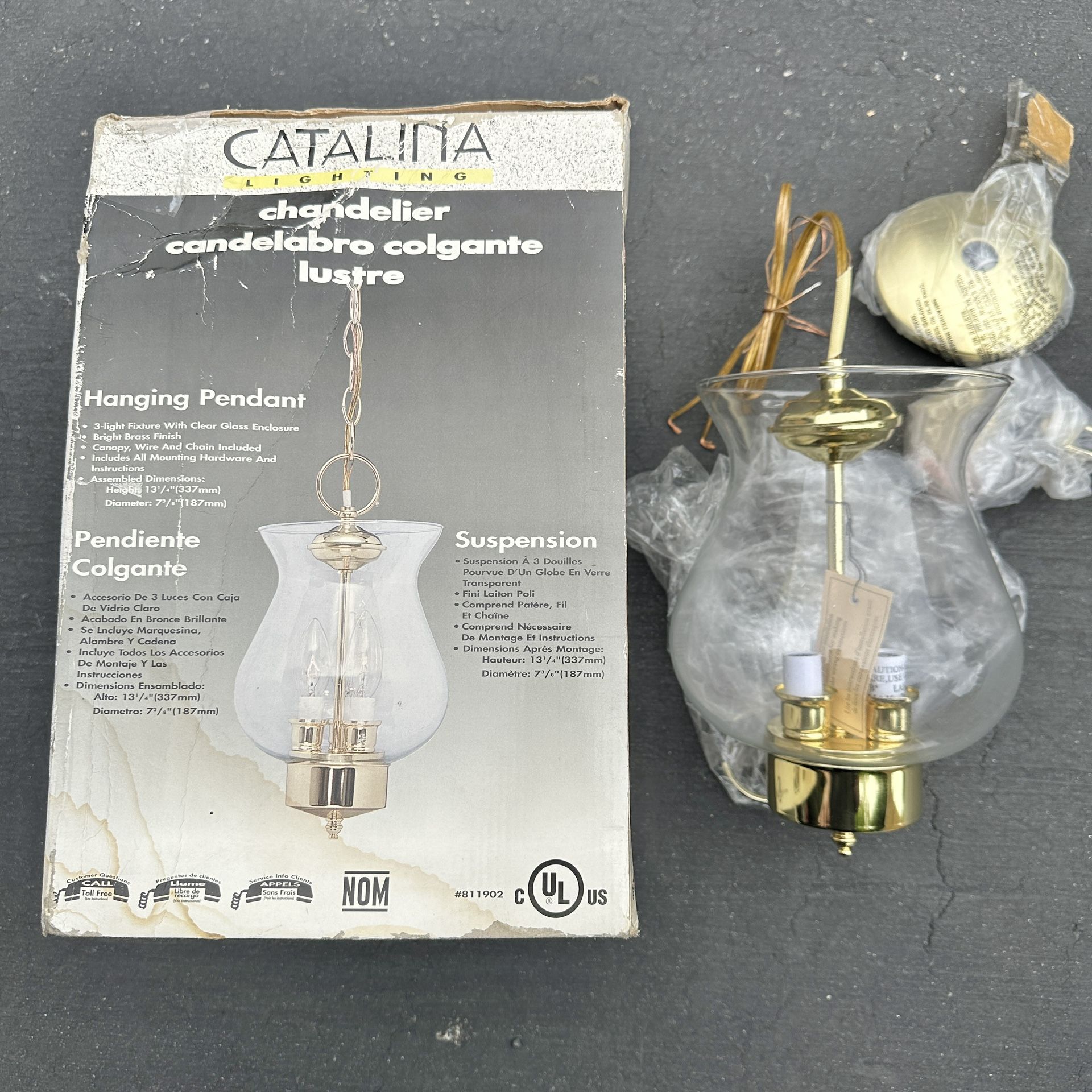 Vintage 1999 CATALINA Lighting Brass Pendant Hurricane Glass Chandelier Fixture Light Swag Gold 