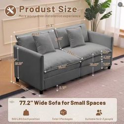 Gray Loveseat Sofa 77.2 Inch Wide