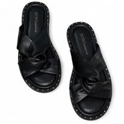BCBGeneration Zexanna Rhinestone Silver Studded Knot Slides in Black  