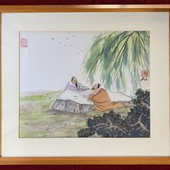 Vintage ORIGINAL Watercolor Painting FRAMED 2 Friends Playing Go