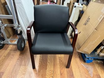 Black Leather Guest Chair with Wood Arms