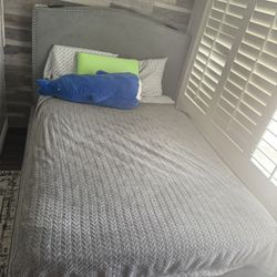 “Full Size Bed Frame & Mattress Set – Modern Gray Upholstered, Great Condition!