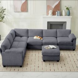 Corduroy Modular U-Shaped grey  7-Seat Sectional Sofa for Living Room and Spacious Space
