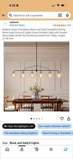 Modern Linear Chandelier Black and Gold Chandelier Dining Room Light Fixture 6 Lights Linear Pendant Light with Seedes Glass Globe Shade for Farmhouse