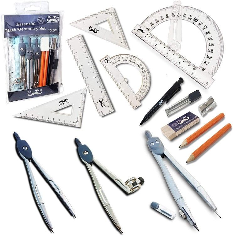 Mr. Pen Geometry Set with 6 Inch Swing Arm Protractor, Divider, Set Squares, Ruler, Compasses and Protractor, 15