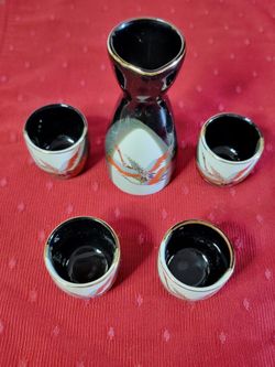 Vintage Sake Set with Gold Trim made in Japan - 4 Cups & Bottle