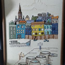 Vintage Crewel Art Embroidery Medieval Cityscape Boat Canal Venice