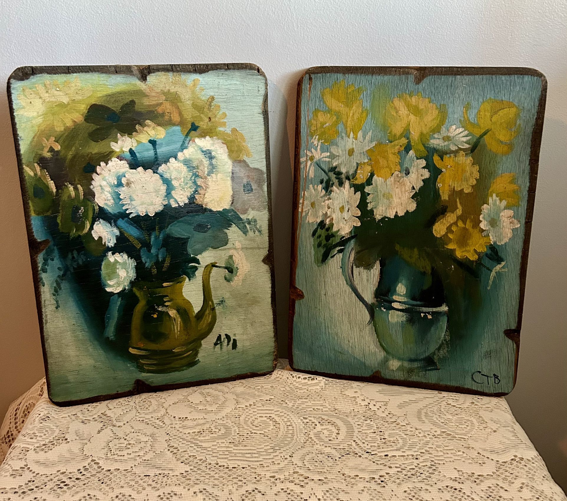 Pair of Vintage Original Signed Floral Paintings on Board