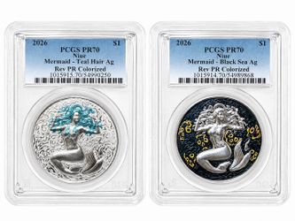 2026 Niue Mermaid PR70 PCGS Colorized 1 OZ 999 Silver Coin Pair (Teal Hair + Black Sea)