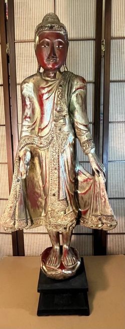 Large Burmese Mandalay-Style Standing Buddha, All-Original Hand-Carved