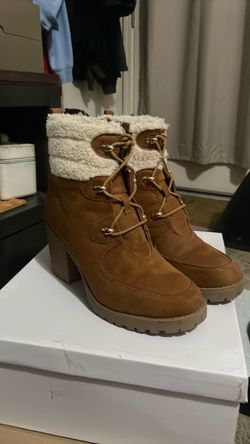 These stylish tan faux-suede ankle boots