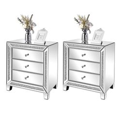 Glass Mirror nightstand Table Set 