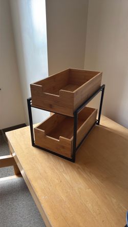 Wooden two-tier sliding bin organizer