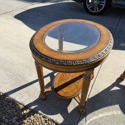 Round Wood Side Table With Glass Top