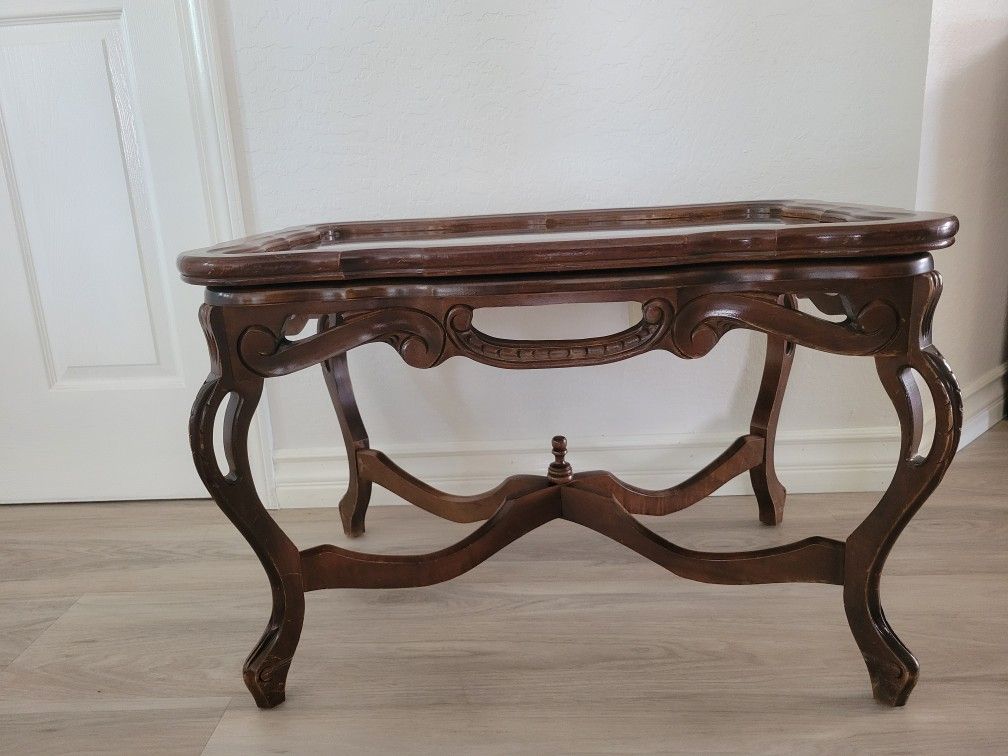 Antique Rectangular Carved Wood Coffee Table With Removable Glass Top