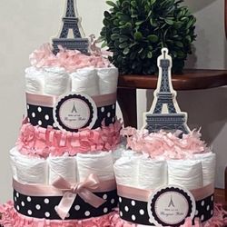 Pink Black Paris Polka Dotted diaper cake