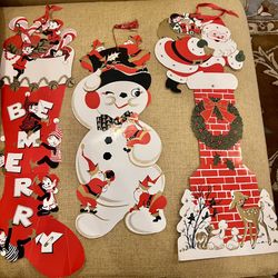 Vintage Christmas Decorations Wall Hanging  Articulated Paper Die Cut Santa … Snowman… and Dixies