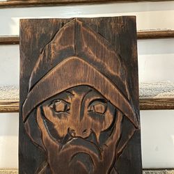 Signed vintage Rustic Wood Carved Old Man Face  Wall Art 16”*11.5”