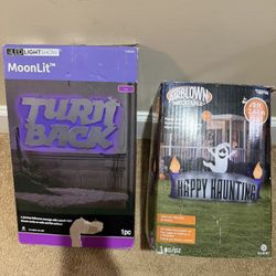 Happy Haunting 8ft Halloween Outdoor Indoor Inflatable Sign AND “TURN BACK” Zombie Haunted Warning.