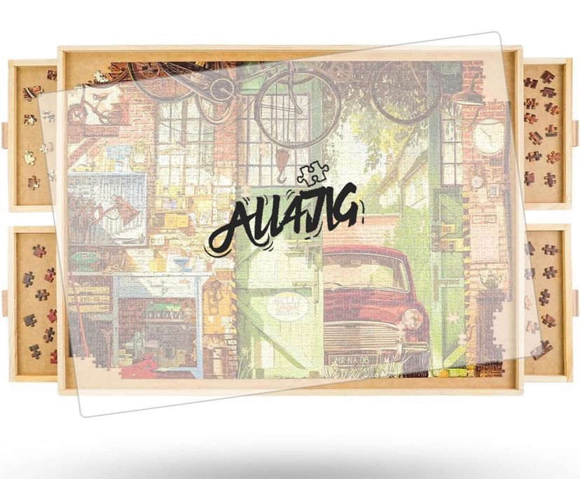 Rotating Puzzle Board with 4 Drawers and Cover