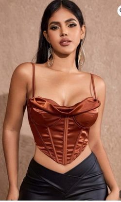 Small Brown satin spaghetti strap crop corset top, zip back, ruched front