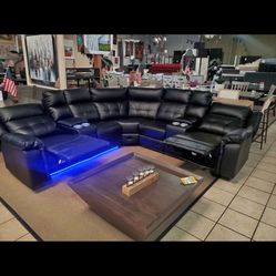 Black LED Leather Reclining Sectionals 