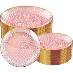 Rubtlamp 100Pcs High-Quality Disposable Clear Plastic Plates, Pink with Gold Rim