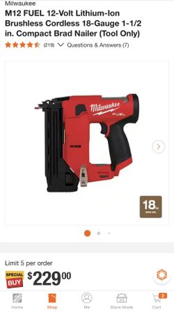 Milwaukee M12 FUEL 12-Volt Lithium-Ion Brushless Cordless 18-Gauge 1-1/2 in. Compact Brad Nailer 