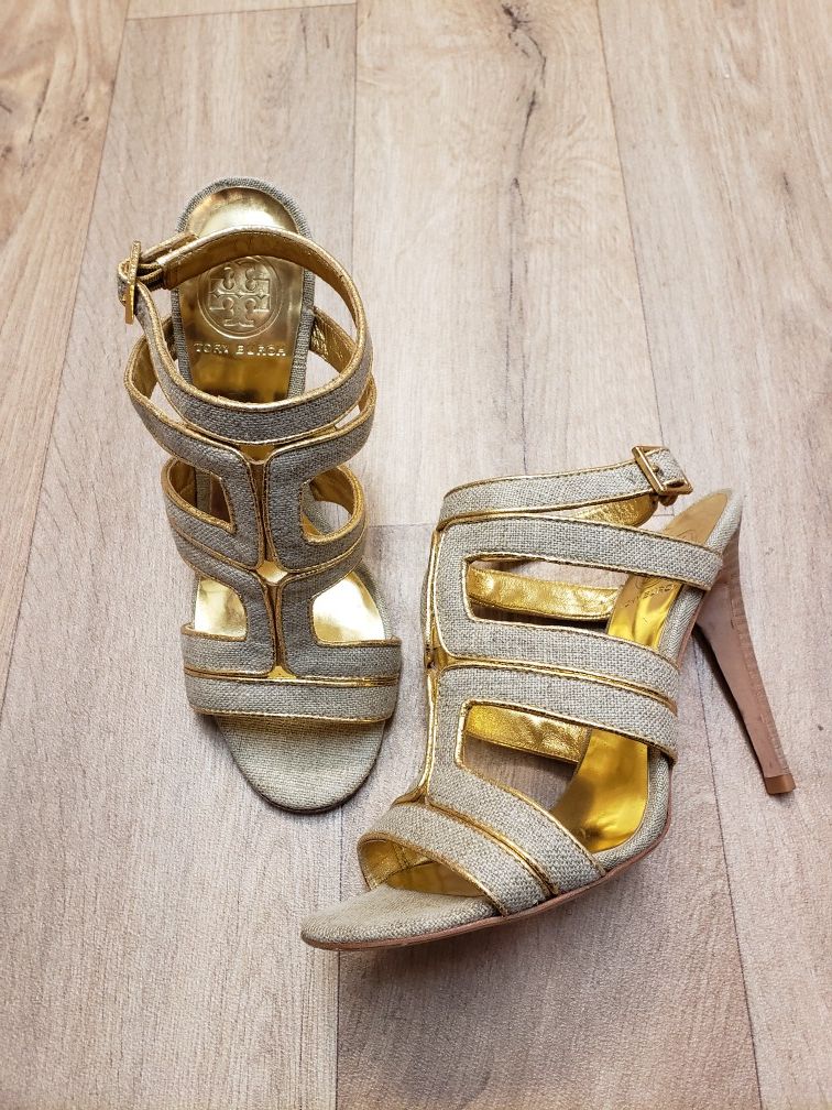 Tory Burch Gold Metallic Canvas Strappy Heel 7.5