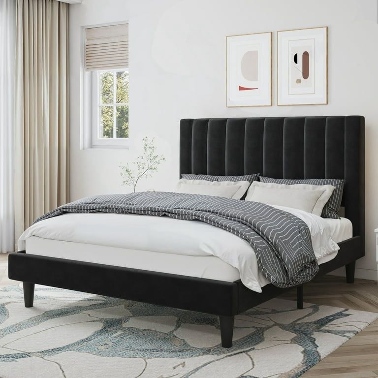 BIG SALE Queen Size Platform Bed Frame with Upholstered Velvet Channel Headboard, Black