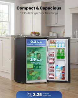 Upstreman 3.2 Cu.Ft Mini Fridge with Freezer, Black-BR321 Adjustable Thermostat, Energy Saving, Low Noise, Reversible Door, Small Refrigerator for Dor