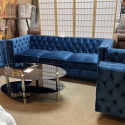 Blue or Grey  3 Piece Velvet Set (sofa, chair, loveseat)