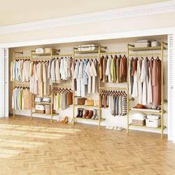 H6 Wall Mounted Closet System, Industrial Pipe Clothes Rack Clothing Racks with 6 Telescopic Rods & 3 Fixing Rods & 9 Shelves, Heavy Duty Closet Organ