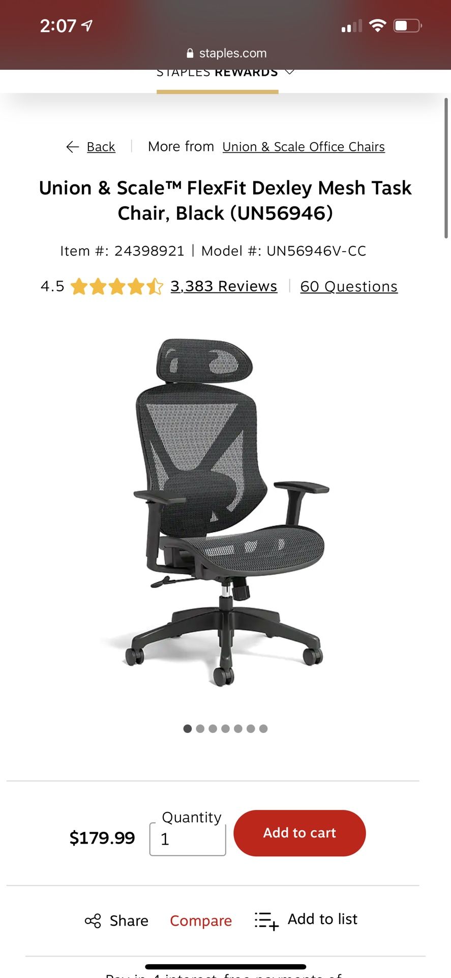 Gaming office chair Union & Scale™ FlexFit Dexley Mesh Task Chair, Black (UN56946)