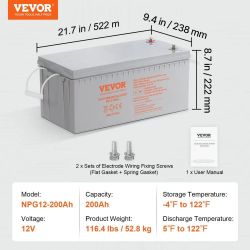 Rechargeable AGM Marine Battery, 12V 200 AH, Designed for RV Solar Marine Off-Grid Use, UPS Backup, with a Self-Discharge Rate, 1400A Current 335^