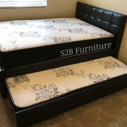 Full Twin Size Espresso Trundle W Ortho Mattress 
