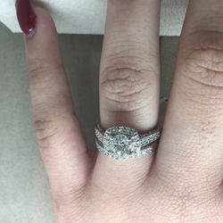 14 karat white gold, diamond halo engagement wedding set with a milgrain finish.  Give her the moon and the stars with this ring! 