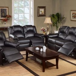 Brand New Black Leather 3pc Reclining Sofa Set