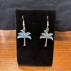 New Blue Silver Dangle Earrings, Tropical Palm Tree