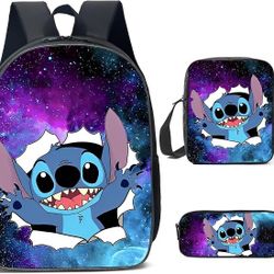 QIELIDL Kawaii stitch backpack 17 lnch 3 piece stitch Laptop Backpack with Insulated Lunch Bag Pencil Case Daypack Travel Bag 