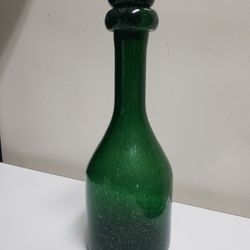 Vintage 11 1/8" Blown Green Bubble Glass Decanter Bottle Zw/ Stopper 