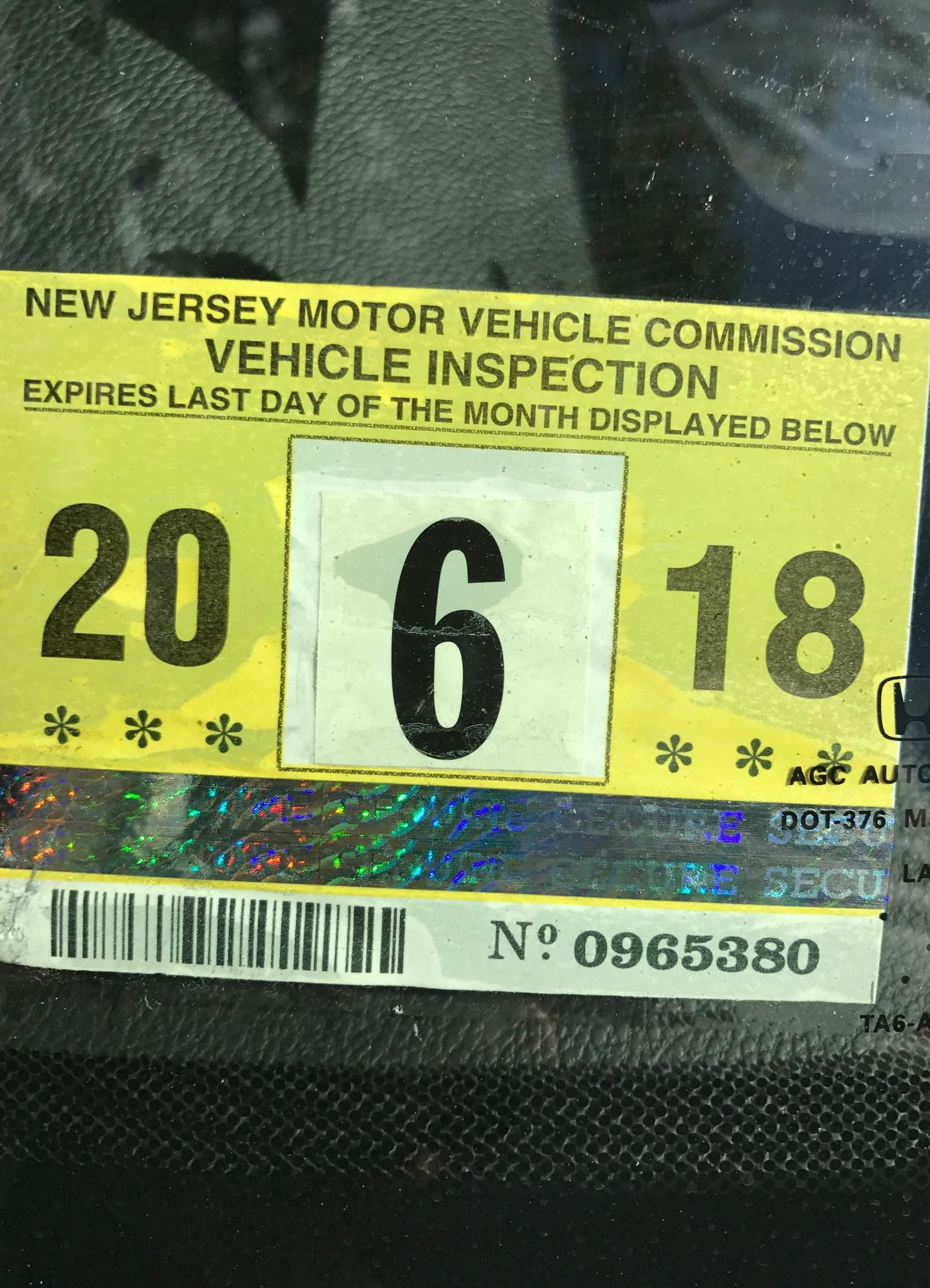 2018 New Jersey inspection sticker