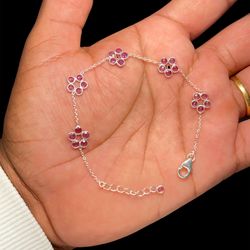 925 Sterling Silver Ruby Flower Bracelet Adjustable 6.5-7.6"