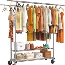 Simple Trending Heavy Duty Clothing Clothes Rack for Hanging, Rolling Double Rod Garment Rack Organizer with Wheels Load 620 LBS, Chrome