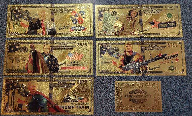 5 New Donald Trump 2020 Heros Gold Foil Novelty Bills Set, RAMBO, SUPERMAN, ASTRONAUT