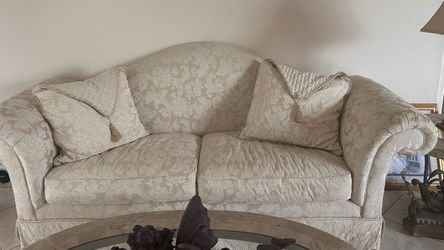 Parsons Style Loveseat in Cream-colored Brocade Fabric