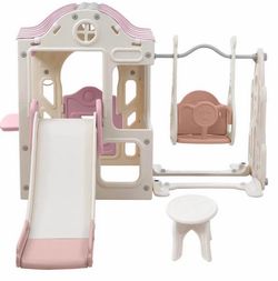 6 in 1 Pink+White Toddler Slide and Swing Playset With Freestanding Slide