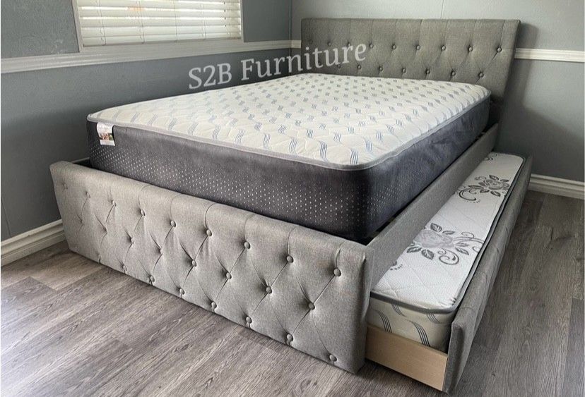 Full Twin Grey Frenchi Trundle Bed With Ortho Mattress Included!!